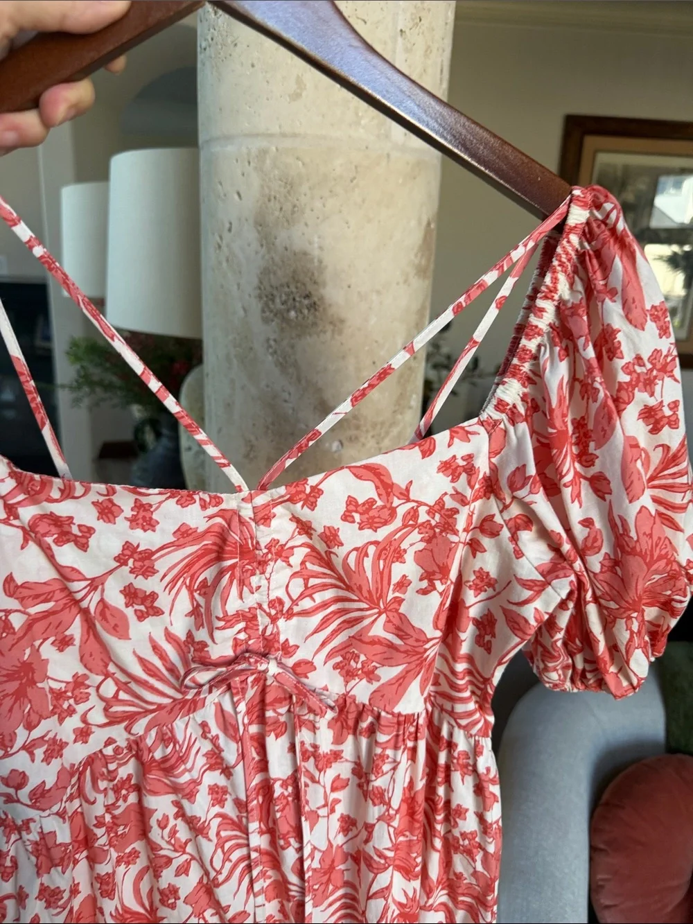 Aqua Coral and Creme White Floral Cotton Maxi Dress with Puff Sleeves Sz Small